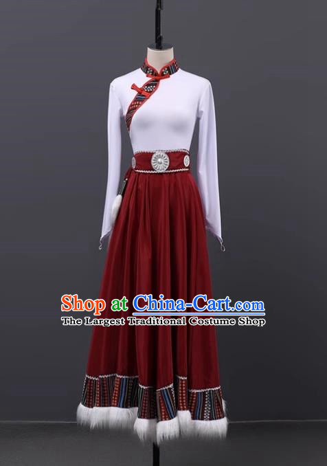 Stage Performance Tibetan Dance Clothing Chinese Minority Class Practice Art Test Mid Length Skirt