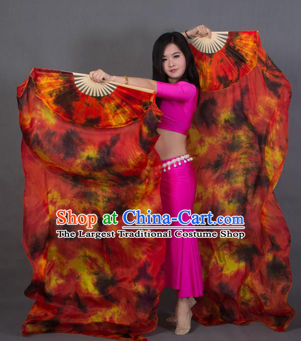 Handmade Tie Dye Belly Dance Fan Top Pure Silk Long Ribbon Fan Classical Dance Red Fan