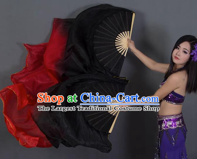 Handmade Gradient Black to Red Pure Silk Fan Classical Dance Fan Top Belly Dance Long Ribbon Fan