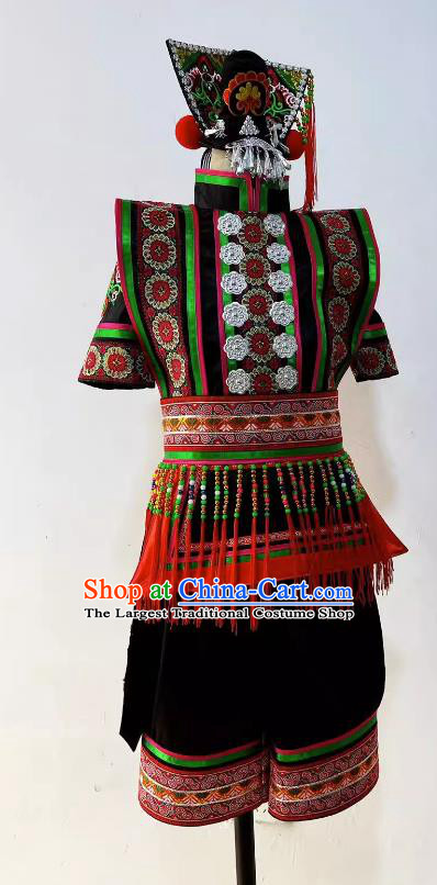 Professional Stage Performance Costume China Yi Nationality Dance Black Outfit Ethnic Children Folk Dance Clothing