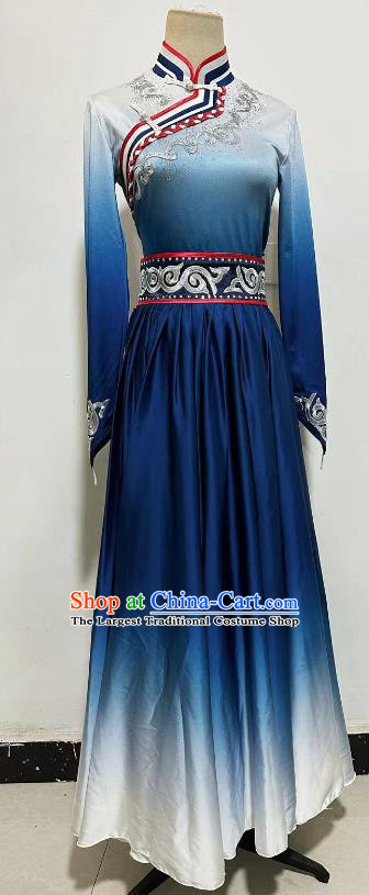 China Ethnic Dance Blue Dress Mongolian Woman Solo Dancing Clothing Professional Mongol Nationality Stage Performance Costume