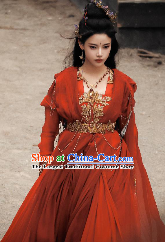 China Ancient Nine Tails Fox Fairy Garment Costumes Fantastic Xianxia Drama Till The End of The Moon Swordswoman Pian Ran Red Dresses