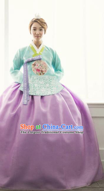 Traditional Couple Costumes Korean Ancient Bride Clothing Handmade Court Hanbok Green Top and Lilac Dress Complete Set