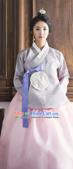 Handmade Court Hanbok Grey Top and Pink Dress Traditional Couple Costumes Korean Ancient Bride Clothing Complete Set