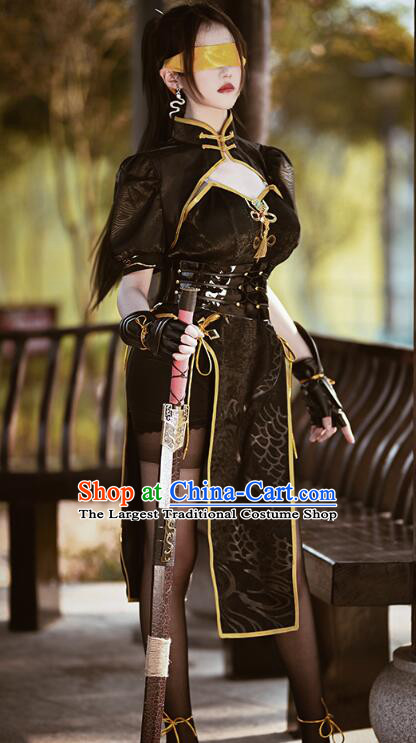 Handmade Woman Sexy Qipao Cosplay Costume Naraka Bladepoint Female Knight Black Dress