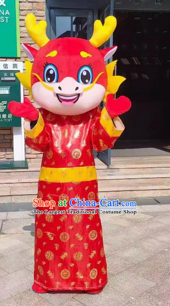 Red Auspicious Dragon Year of The Dragon Cartoon Doll Costume Zodiac Dragon Mascot Adult Wear Walking Activity Puppet Costume Dragon Performance Props Costume