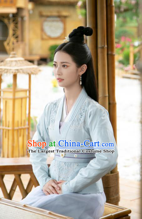 Chinese Traditional Female Hanfu Clothing Ancient Young Lady Costumes TV Drama Unchained Cai Ren Bu Yin Lou Blue Dresses