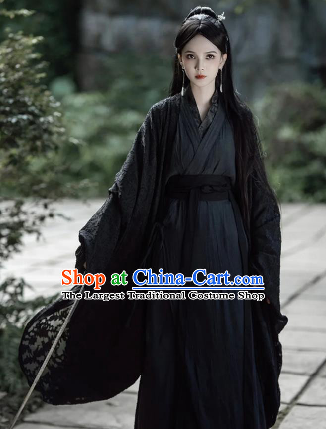 China Ancient Swordswoman Black Costumes Traditional Hanfu Dress Warring States Time Heroine Clothing