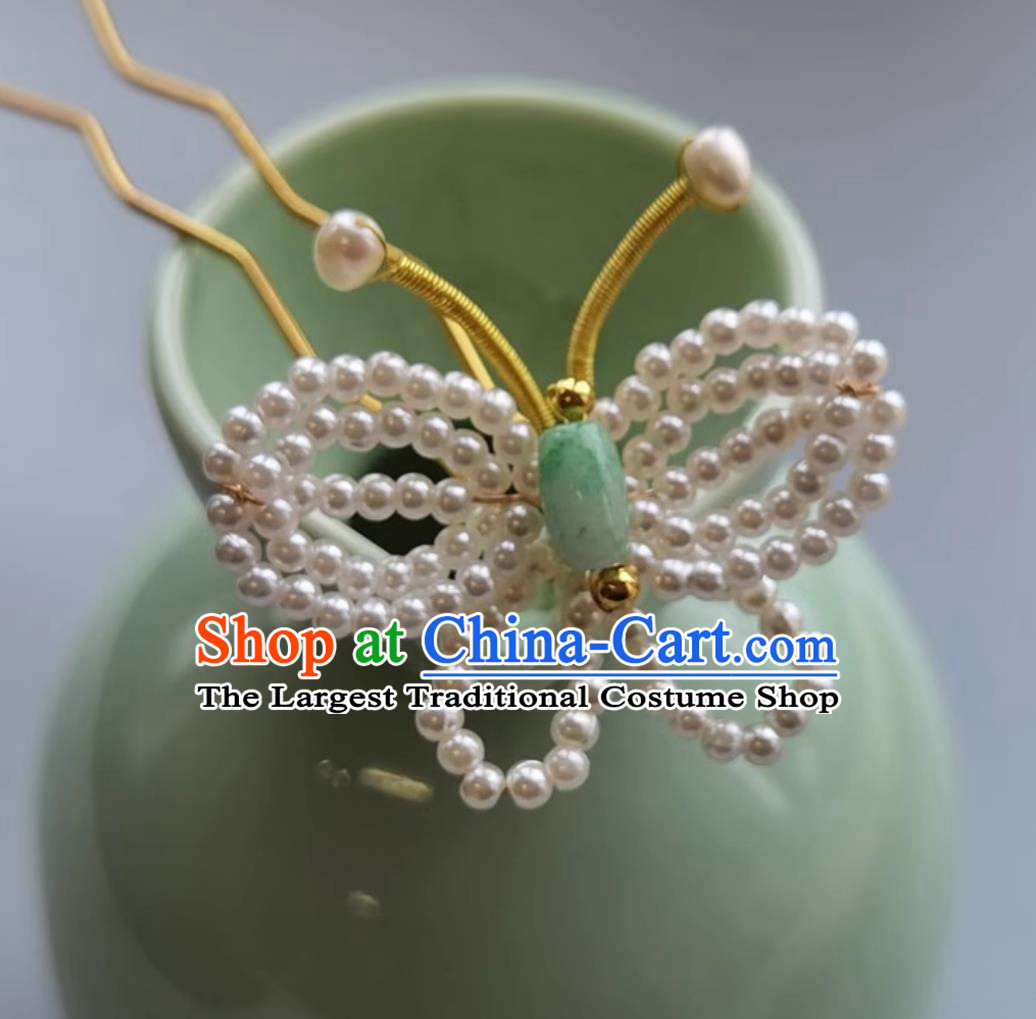 Handmade Pearls Butterfly Hairpin China Cheongsam Hair Jewelry Traditional Hanfu Headpiece