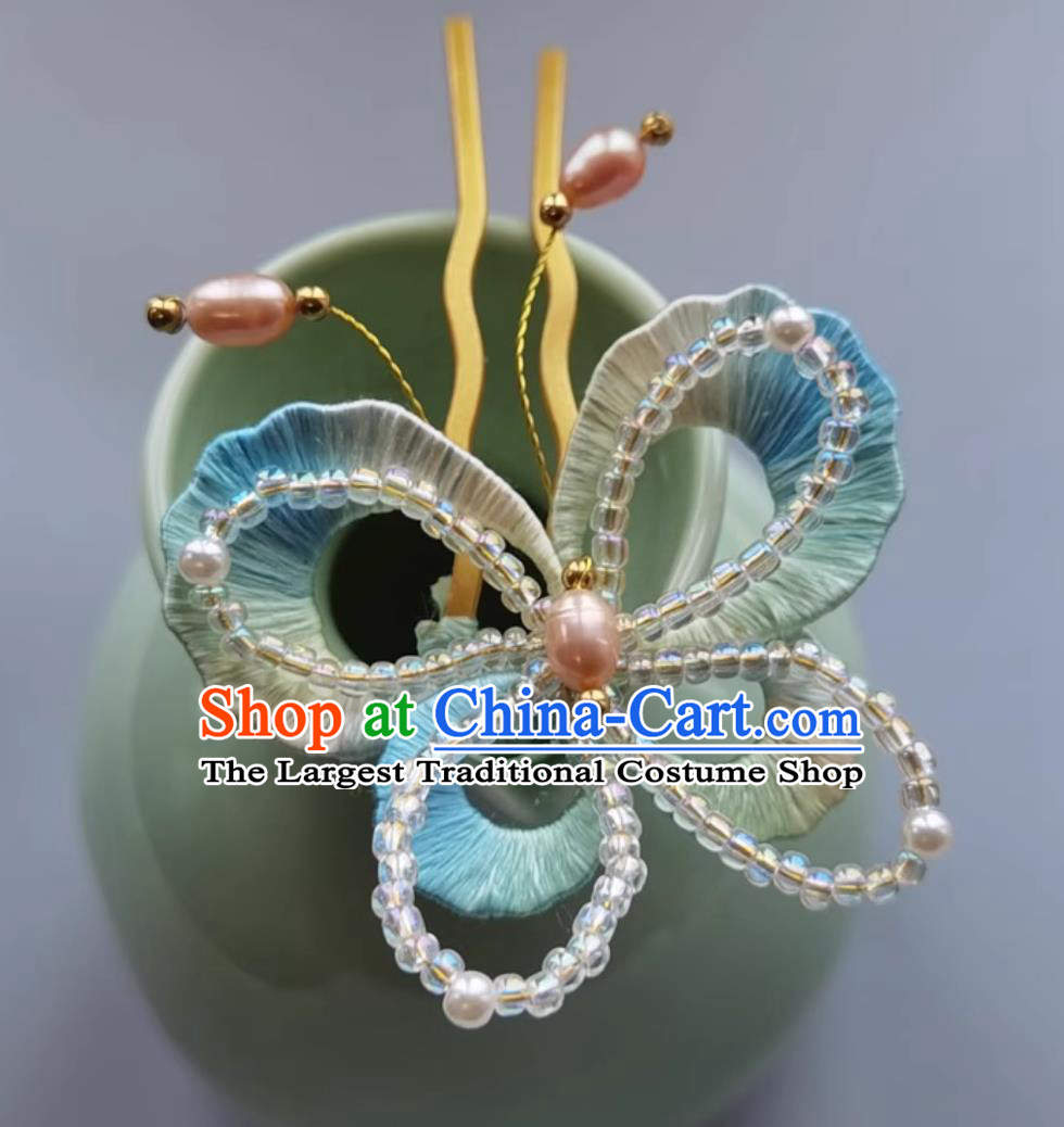 Traditional Hanfu Headpiece Handmade Beads Butterfly Hairpin China Cheongsam Hair Jewelry