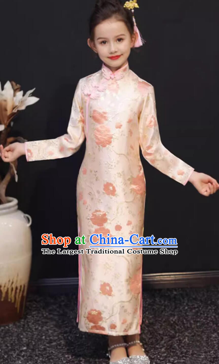 Traditional Chinese Clothing Classical Qipao China Cheongsam Long Sleeve Pink Dress