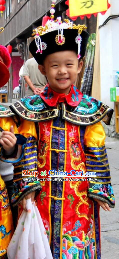 Traditional Chinese Qing Dynasty Empress Costumes and Hat for Children