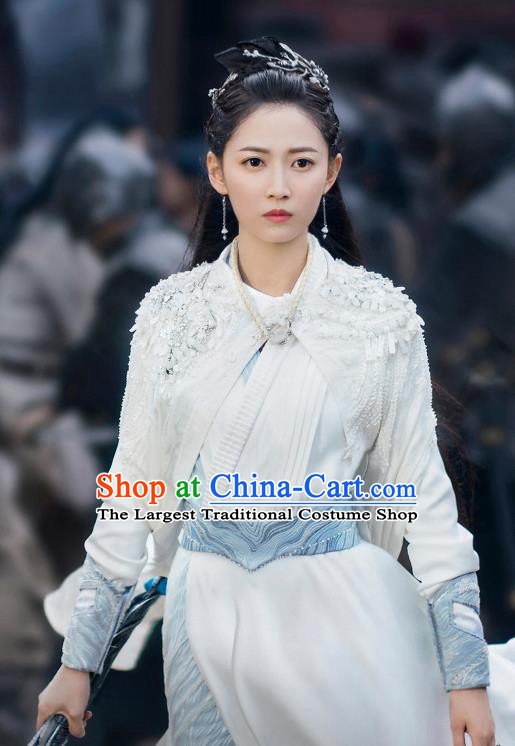 Chinese TV Drama Ancient Female Warrior White Costumes Mirror A Tale of Twin Cities Crown Princess Bai Ying Dresses