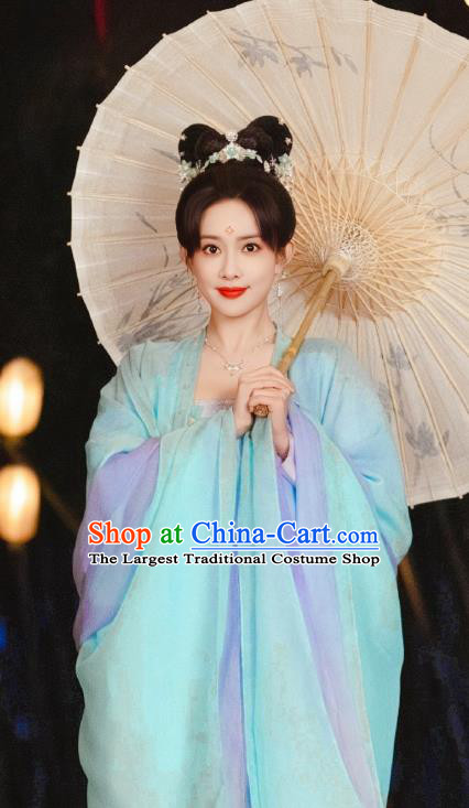 Chinese Ancient Tang Dynasty Crown Princess Costumes Romantic TV Series Royal Rumours Noble Lady Hua Liu Li Blue Dresses
