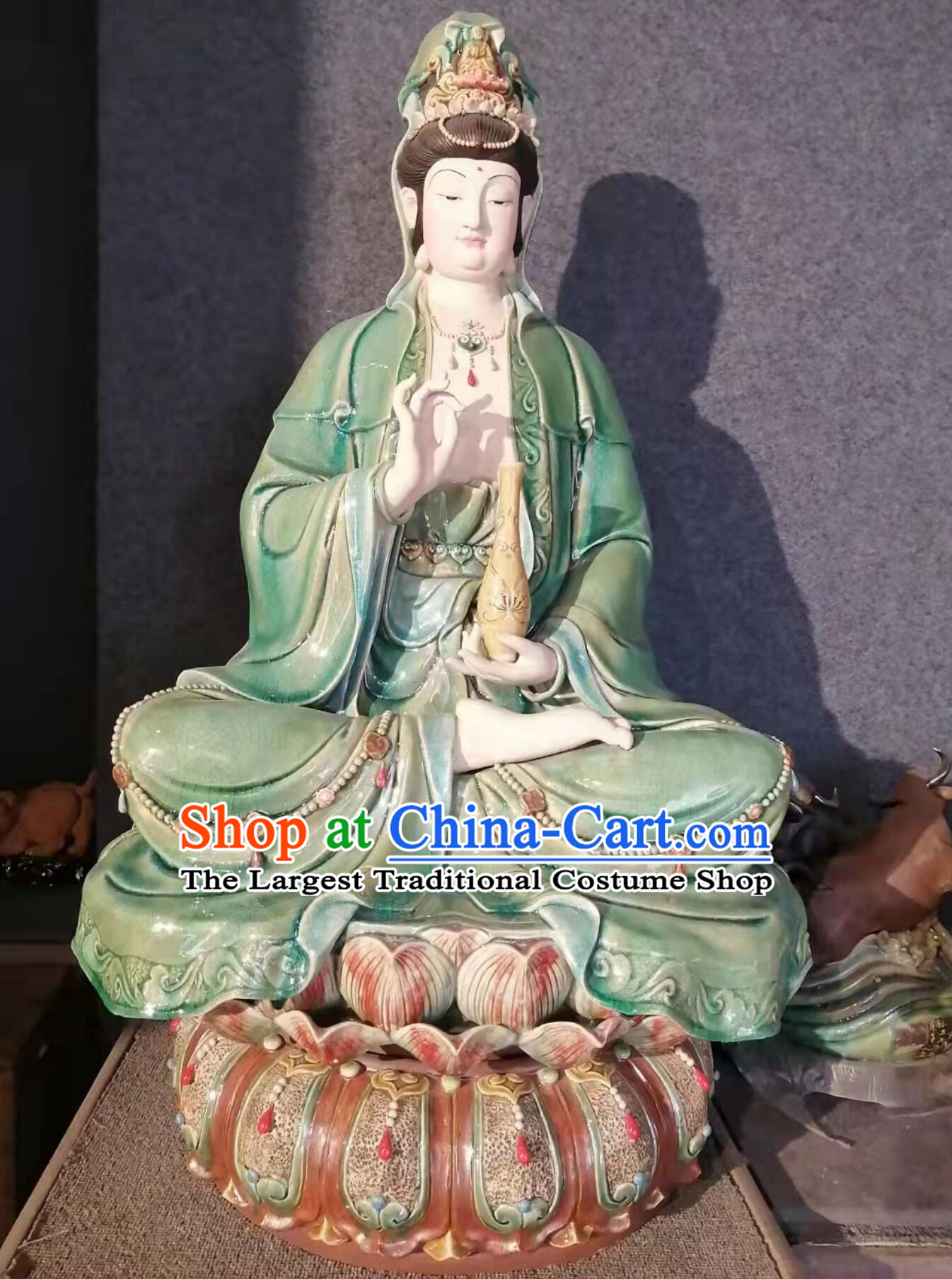 Handmade Shiwan Ceramic Sculpture Chinese Porcelain Bodhisattva Figurine Green Dress Guan Yin Statue