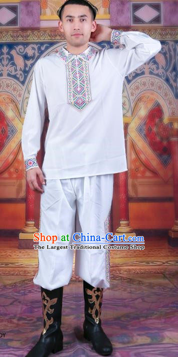 White Ethnic Style Embroidered Male Dance Clothing China Xinjiang Uyghur Stage Performance Suit