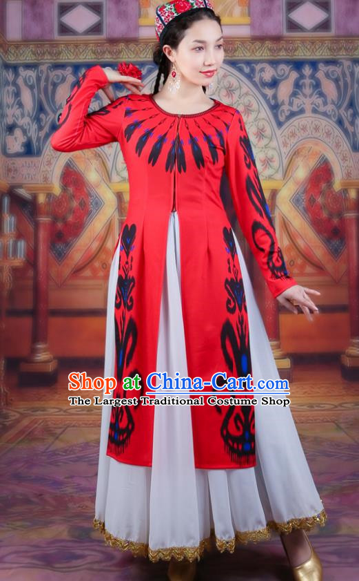 Red China Xinjiang Dance Costume Women Long Vest Uyghur Adelaide Long Lace