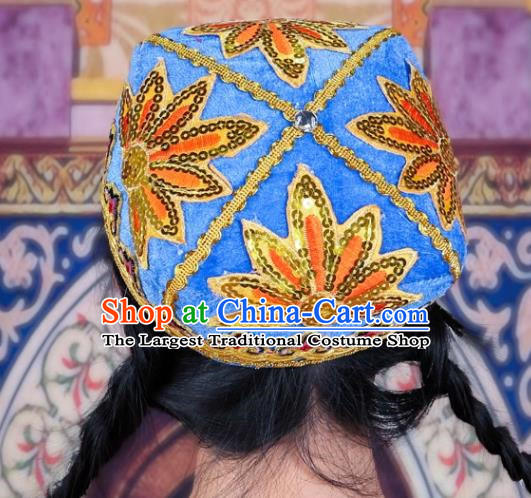 Blue China Xinjiang Dance Flower Hat Female Adult Four Corner Hat Performance Headwear Uighur Dance Embroidered Hat Ethnic Style Stage Hat