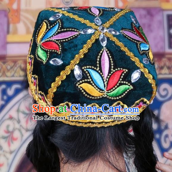 Dark Green Chinese Xinjiang Dance Flower Hat Female Adult Four Corner Hat Performance Headwear Uighur Dance Embroidered Hat Ethnic Style Stage Hat