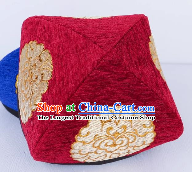 Burgundy Chinese Xinjiang Dance Embroidered Flower Hat Men And Women Dance Hat Uyghur Stage Performance Four Corner Hat