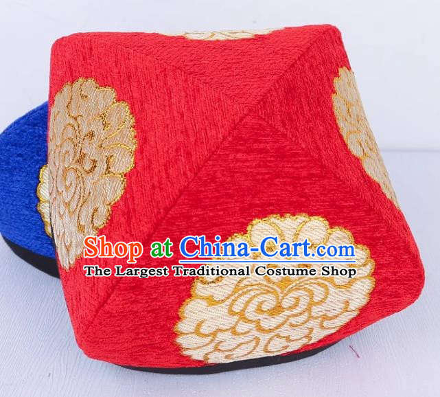 Red Chinese Xinjiang Dance Embroidered Flower Hat For Men And Women Uyghur Stage Performance Four Cornered Hat