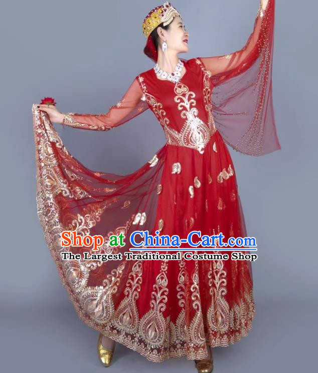 Red China Xinjiang Dance Spring And Summer Mesh Embroidery Double Layer Oversized Swing Dress Ethnic Style Stage Skirt
