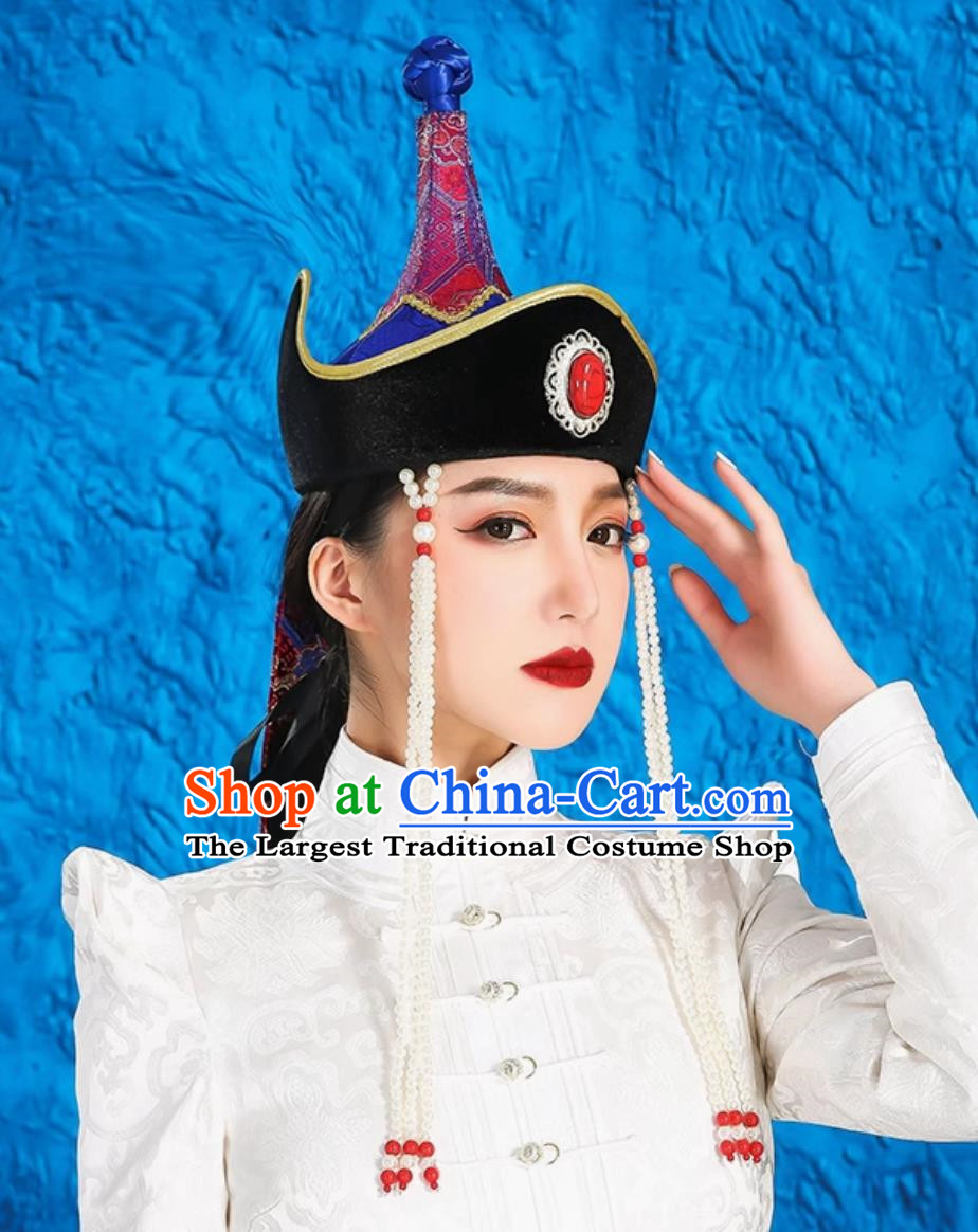 Mongolian Women Hats High End Ethnic Minority Style Wedding Bridal Headwear Photography Red Forehead Ornaments