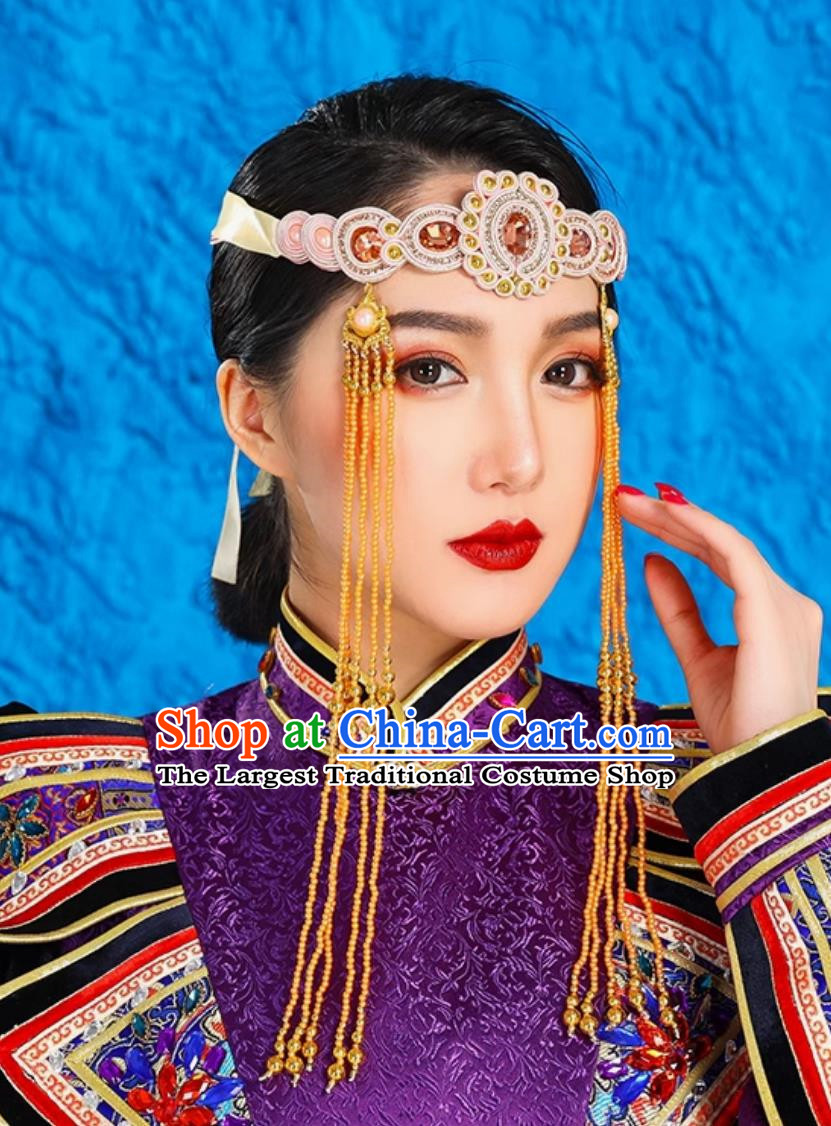 Light Pink Mongolian Female Headdress Tibetan Ethnic Minority Style Wedding Hair Accessories Stage Performance Tassel Beads