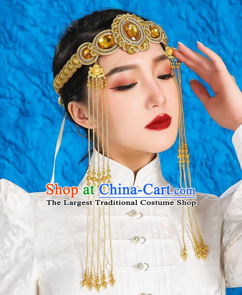 Golden Mongolian Female Headdress Tibetan Ethnic Minority Style Wedding Unique Hair Accessories Stage Performance Tassel Beads