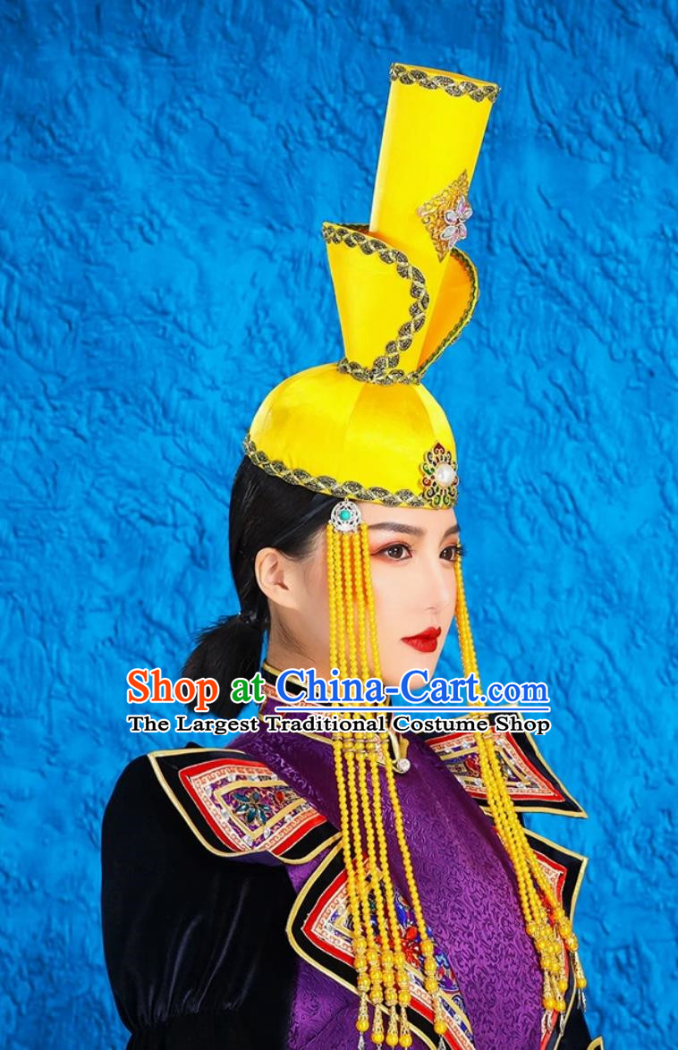 Mongolian Ladies Yellow Tall Hat Minority Style National Style Classical Tiara Catwalk Headwear