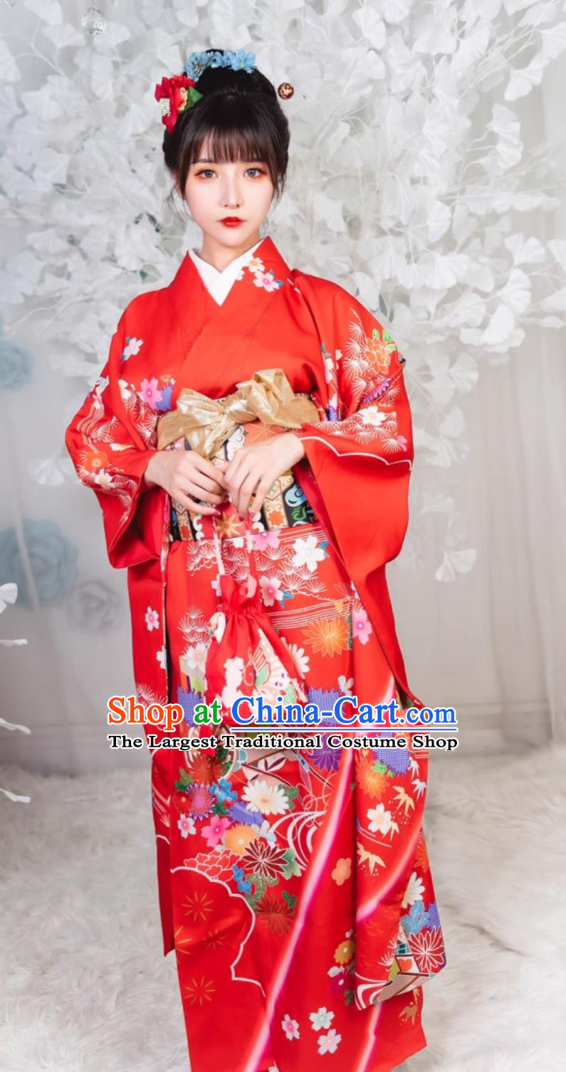 Japan Classical Red Furisode Kimono Top Japanese National Dress Traditional Orthodox Garments