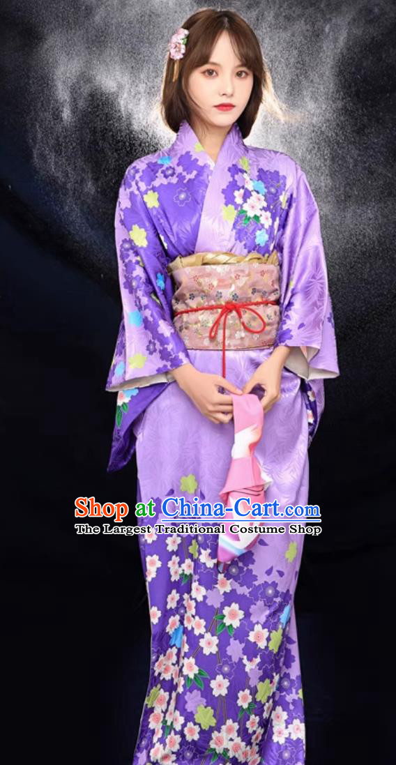 Japanese Formal Kimono Print Purple Kimono Women Improved Clothing
