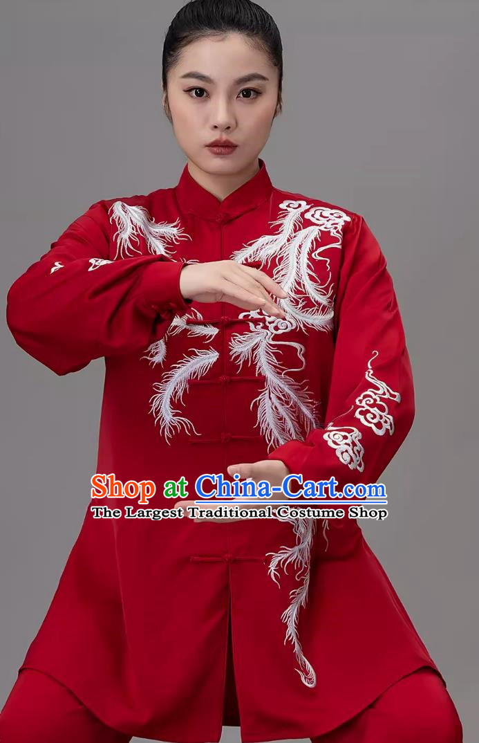 Burgundy Embroidered Phoenix Tai Chi Suit Practice Suit Tai Chi Qigong Performance Chinese Style Uniform