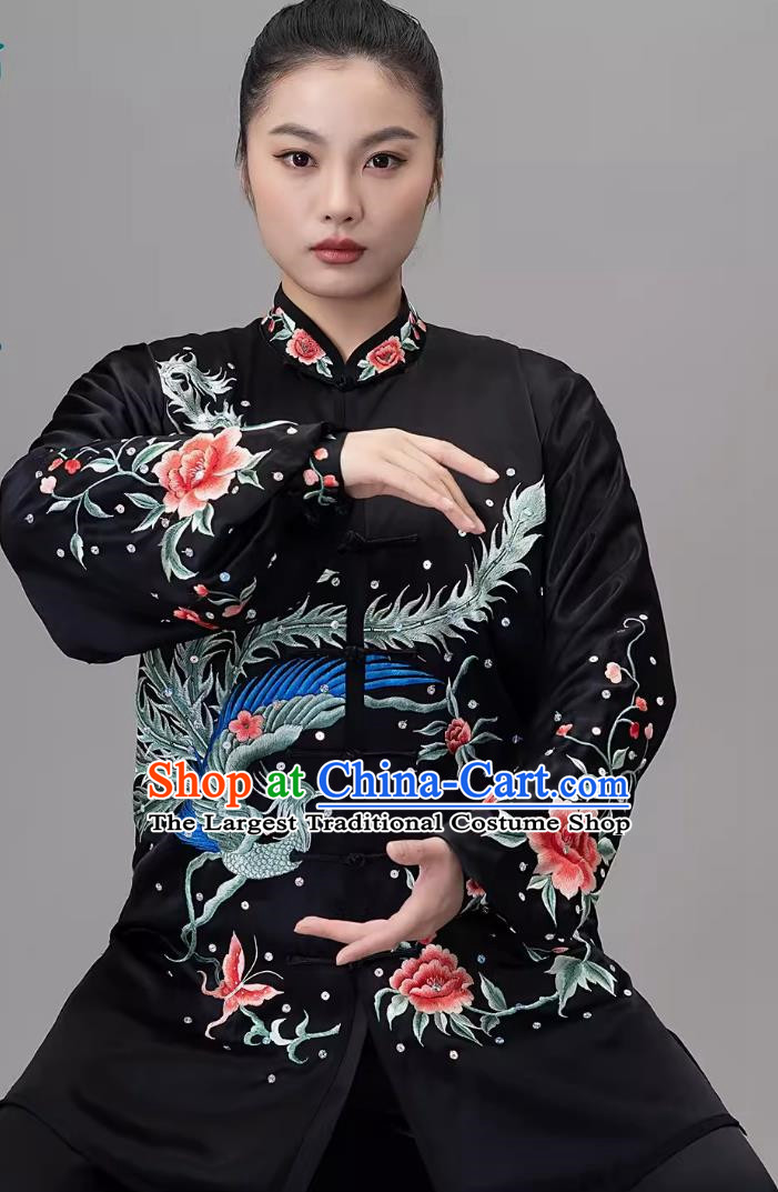 Black Embroidered Phoenix Silk Drooping And Elegant Tai Chi Suit Tai Chi Competition Practice Ba Duan Jin Suit