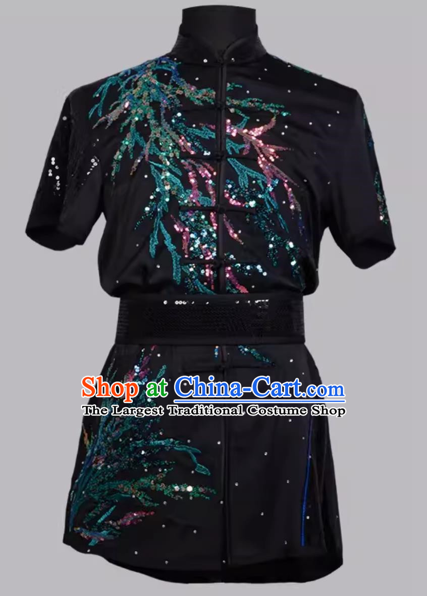 Martial Arts Uniform Sequin Embroidered Black Imitation Silk Competition Uniform Suit