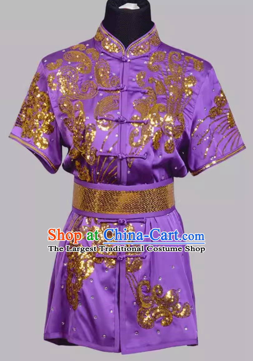 Martial Arts Uniforms For Teenagers And Children Purple Competition Uniforms For Men And Women Suits With Gold Sequin Embroidery