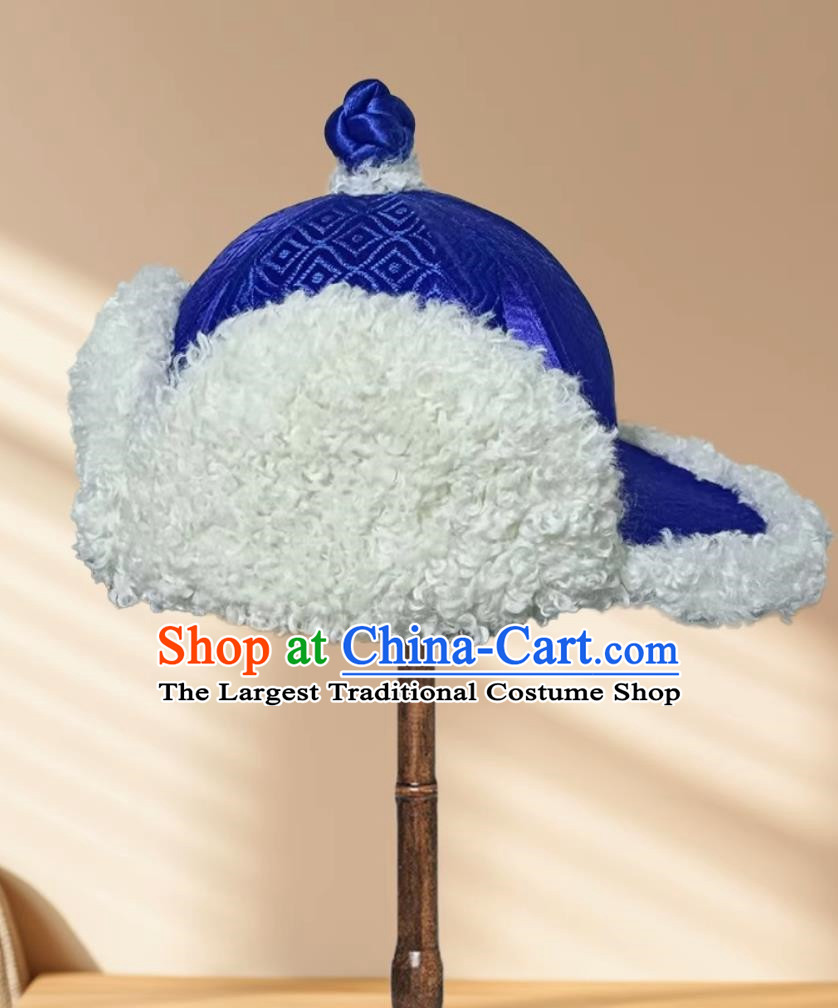 Blue Children Mongolian Fur Hat Ethnic Style Plus Cotton Hat Inner Mongolia Girl Lamb Wool Hat