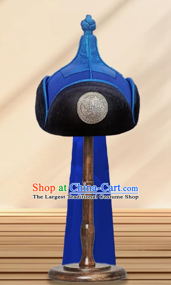 Blue Men Mongolian Hat Ethnic Style Dance Performance Ancient Crown Prince Hat Headwear