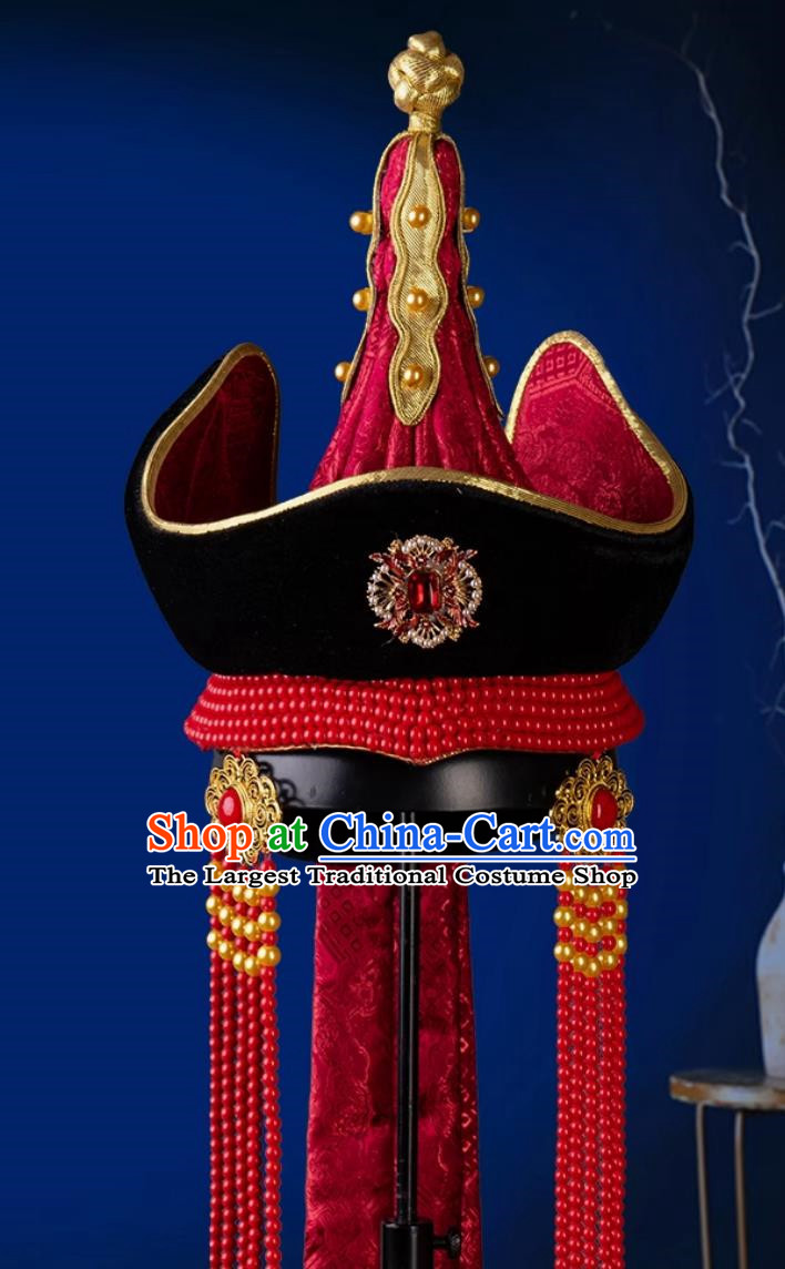 Mongolian Wedding Headdress Hat Princess Hat Heavy Industry Ethnic Dance Performance Female Bride Red Hair Accessories