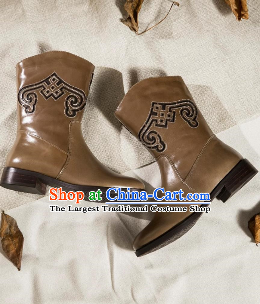 Mongolian Women Pure Leather Dance Performance Test Boots For Ethnic Minorities Medium High Martin Boots High Heels Brown