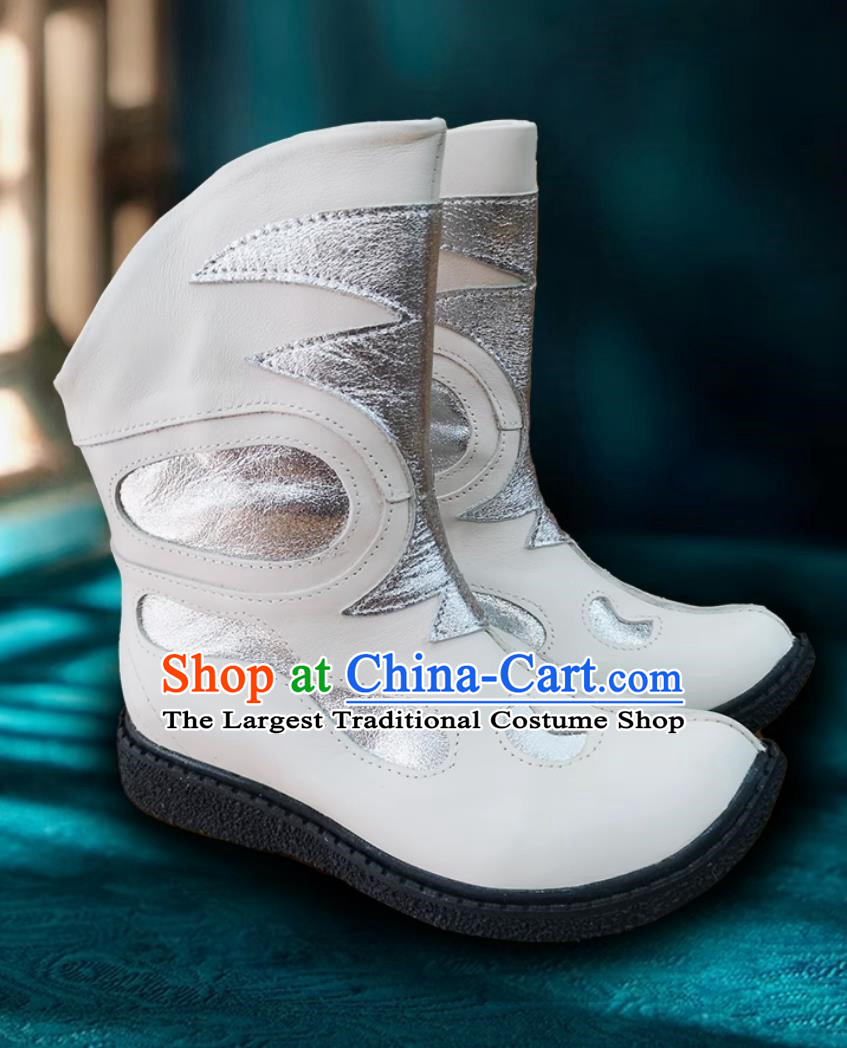 Silver White Children Mongolian Boots Autumn And Winter Ethnic Style Leather Boots Genuine Leather Martin Boots Knight Boots Dance Performance Boots