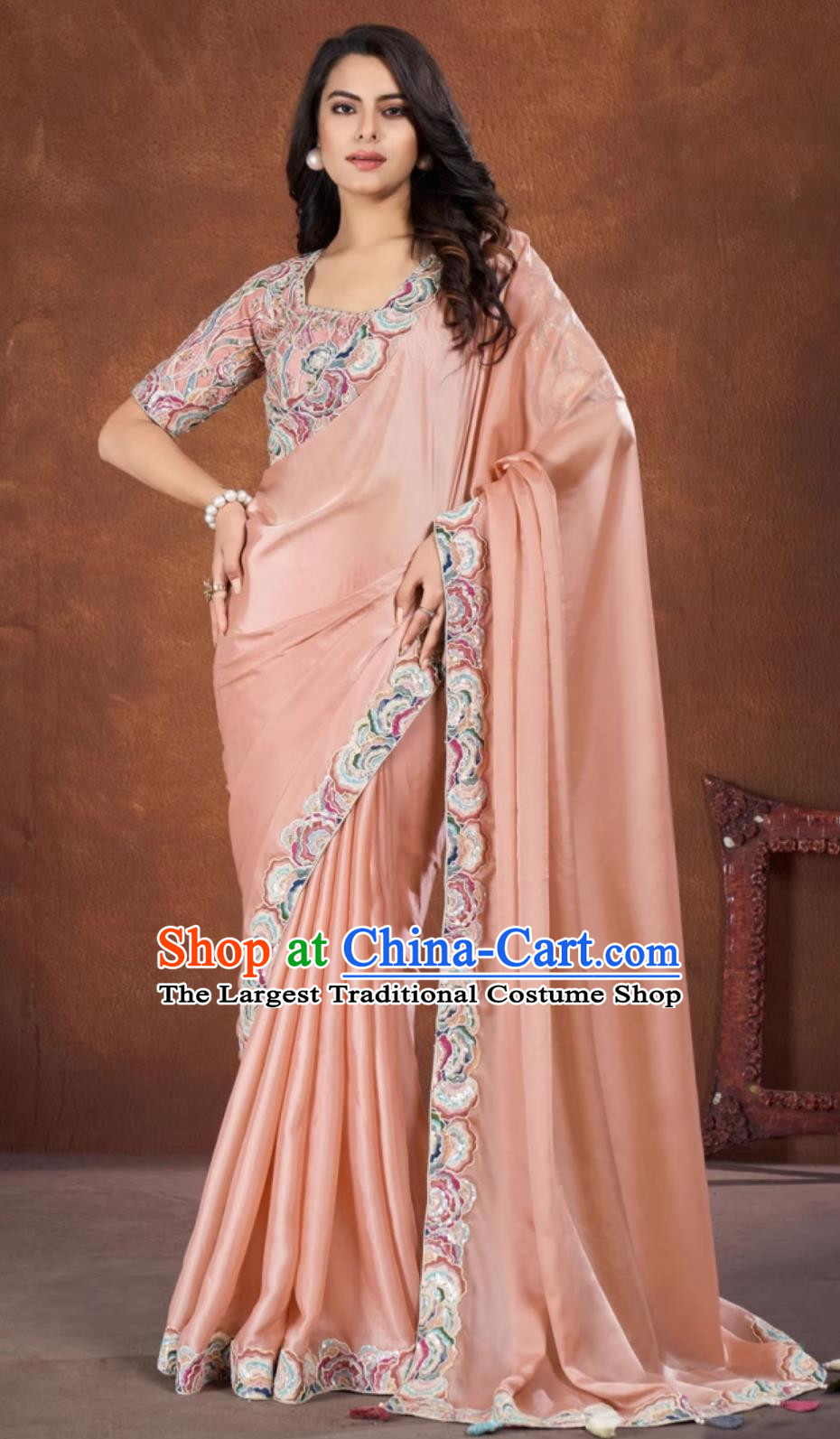 Pink Embroidered National Indian Saree With Diamonds Features Traditional Festival Party Women Wrap Skirt Sari