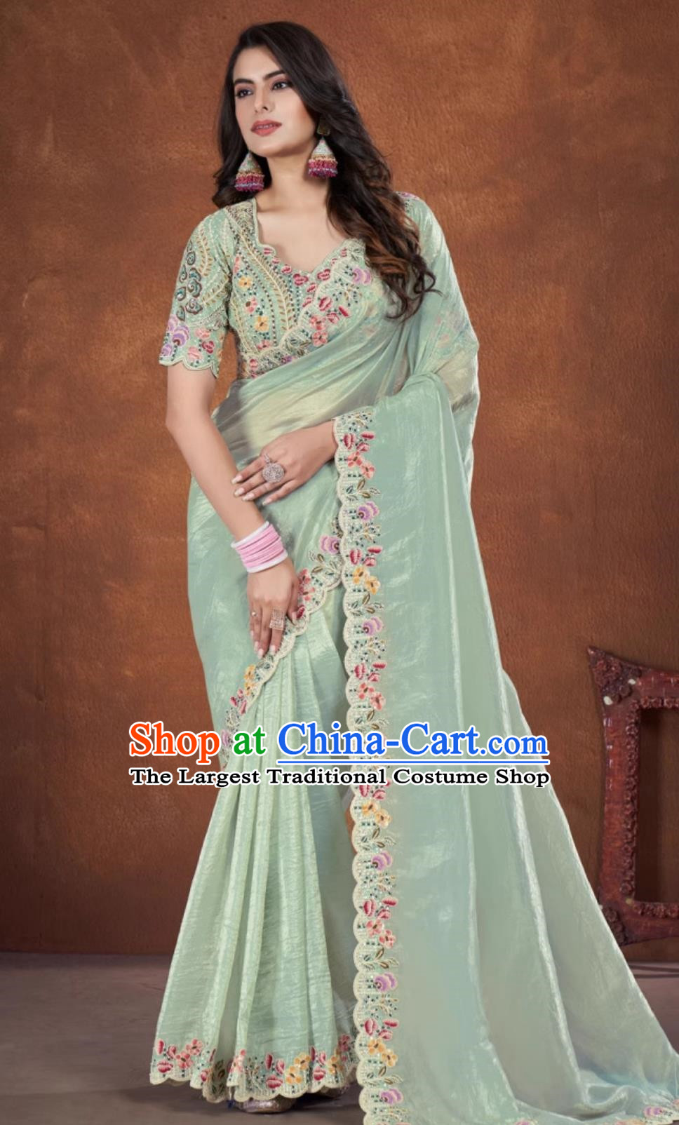 Light Green Embroidered National Indian Saree With Diamonds Features Traditional Festival Party Women Wrap Skirt Sari