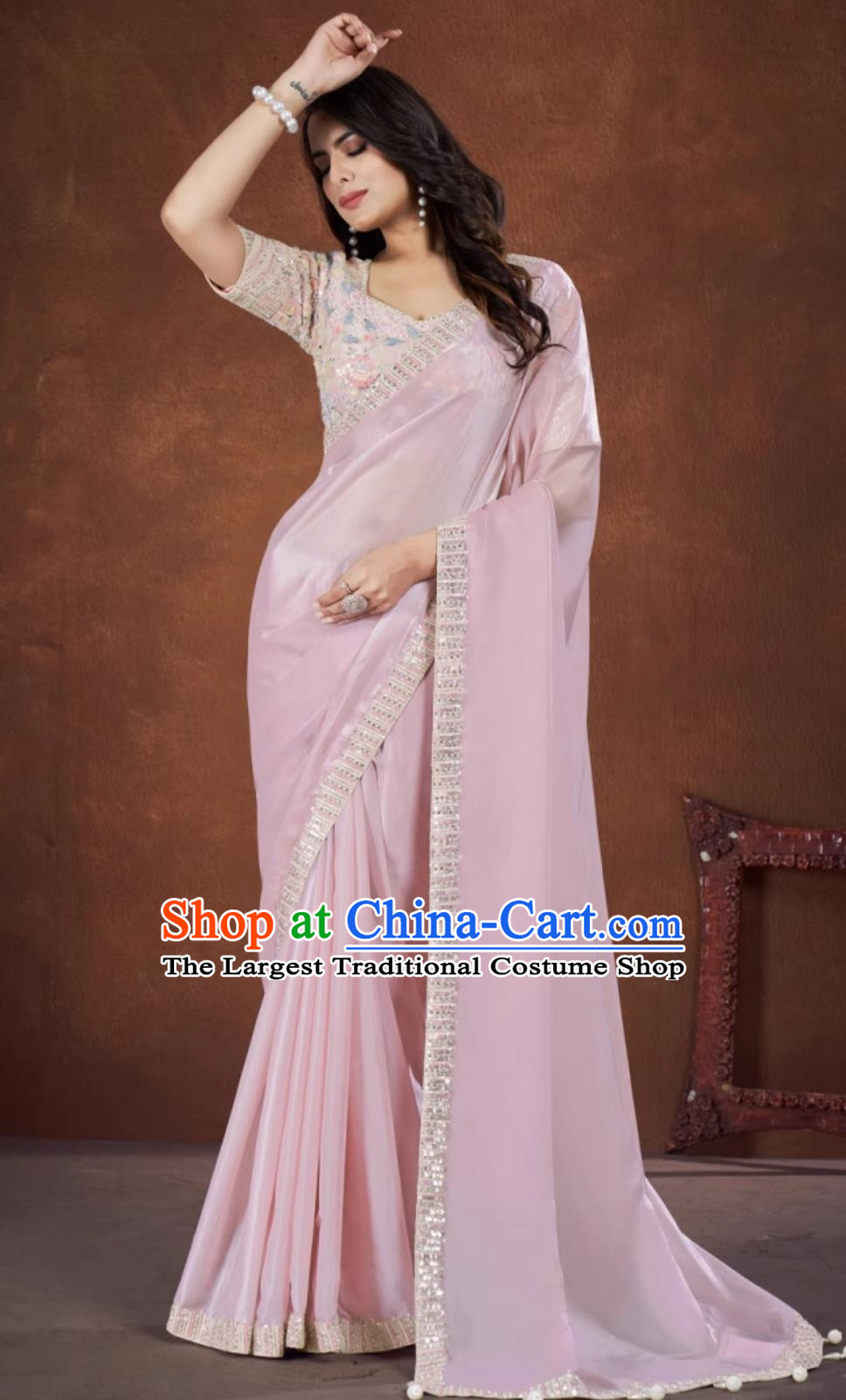 Light Pink Embroidered National Indian Saree With Diamonds Features Traditional Festival Party Women Wrap Skirt Sari