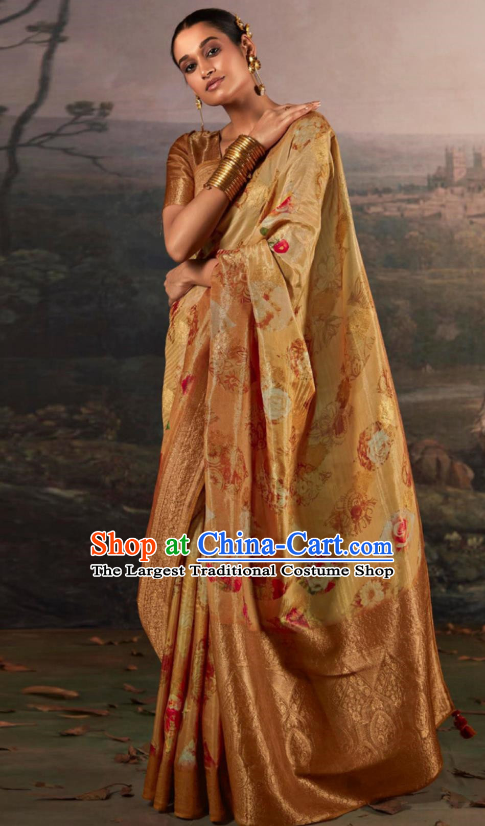 Ginger Indian Saree Features Traditional Silk Print Ethnic Wrap Skirt Sari For Ladies Daily Festive Wear