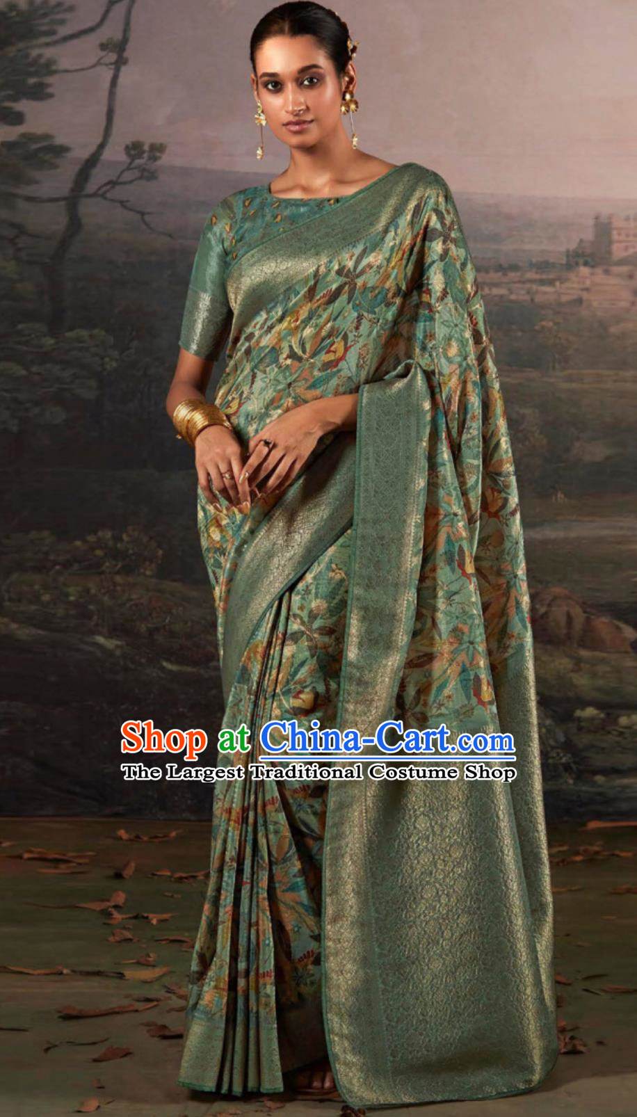 Olive Green Indian Saree Features Traditional Silk Print National Ladies Wrap Skirt Sari Daily Festival Wear