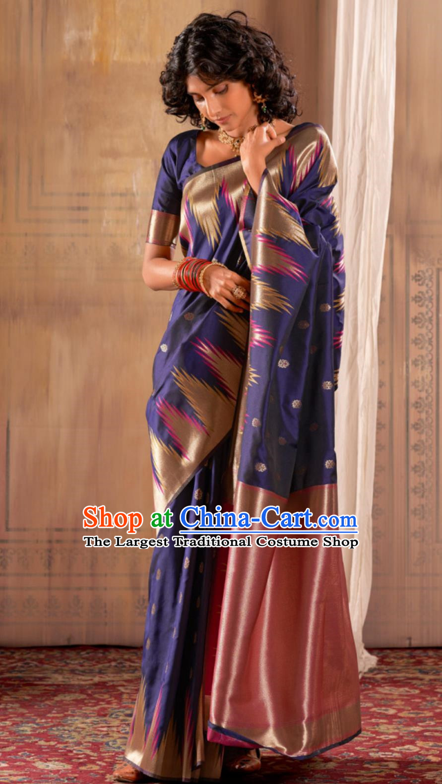 Navy Blue Indian Saree Silk Jacquard National Women Wrap Skirt Sari Traditional Festival Party Wear