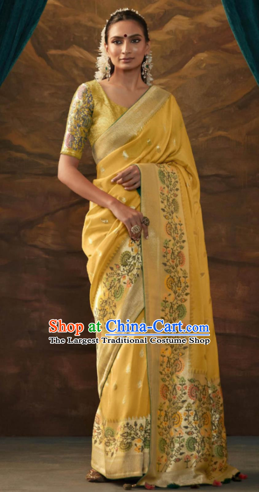 Yellow Indian Saree National Women Wrap Skirt Sari Dress Premium Silk Jacquard Clothes