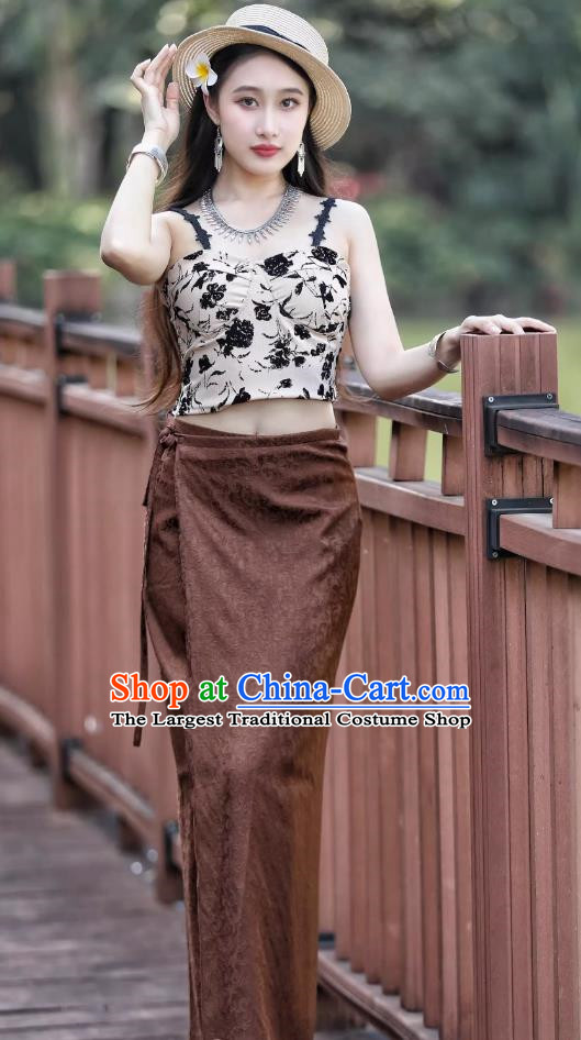 Dai Ethnic Group Spring And Summer Clothing For Women Coffee Colored Suit Suspender Skirt Water Splashing Festival Thai Clothing