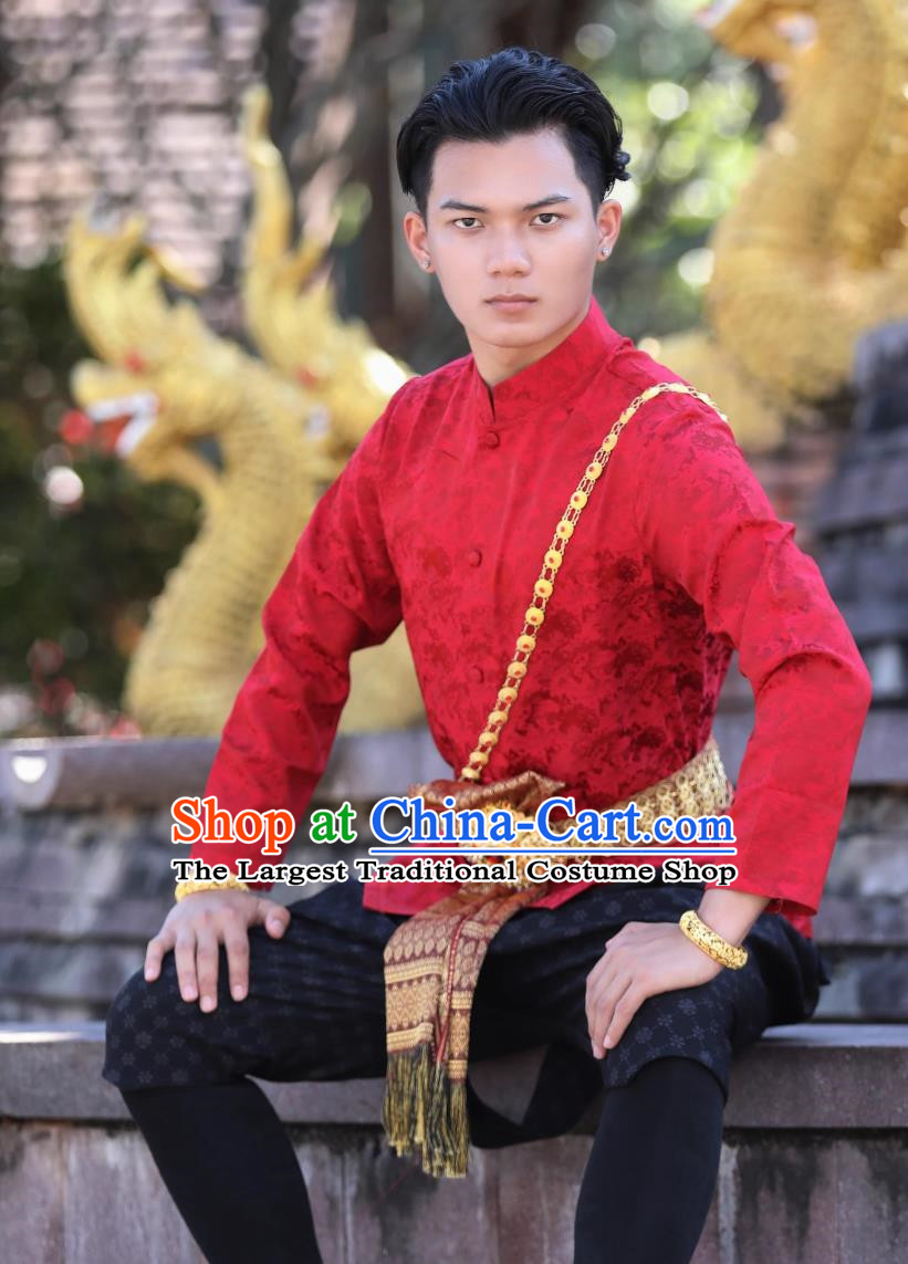 Thai Traditional Male Red Suit Palace Retro Clothing Welcome Work Clothes